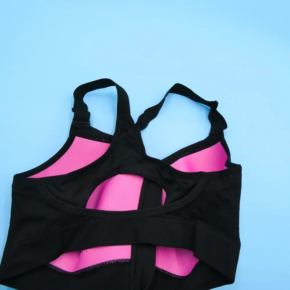 Victoria's Secret PINK Sports Bra Womens Medium DD Zip‎ Front Black Nylon Blend